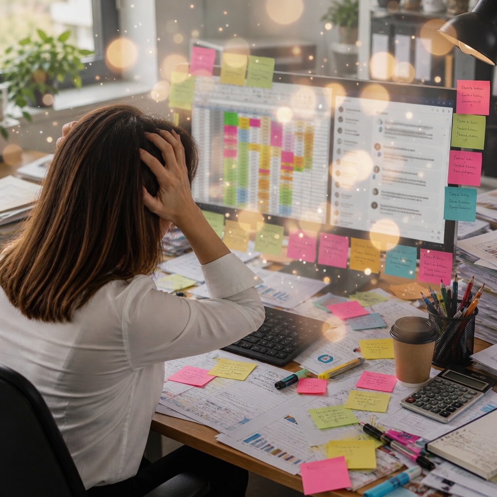 Donna sopraffatta da Excel e WhatsApp per gestire le ferie dei dipendenti